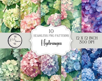 May include: 10 seamless digital paper patterns featuring watercolor hydrangeas in various shades of blue, pink, and green. Each pattern is 12 x 12 inches and 300 DPI.