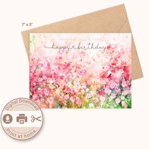 Cartão de feliz aniversário para impressão, flores silvestres em aquarela, download digital, impressão em casa, cartão DIY