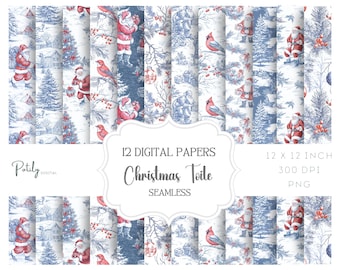 Christmas Toile Seamless Pattern, Digital Paper Set – Blue and Red Chinoiserie Printable Scrapbook papers
