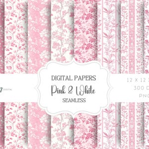 Pink Toile De Jouy Digital Paper, Spring Floral Backgrounds, Digital Scrapbook Paper, Vintage Floral Patterns