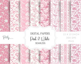 Pink Toile De Jouy Digital Paper, Spring Floral Backgrounds, Digital Scrapbook Paper, Vintage Floral Patterns