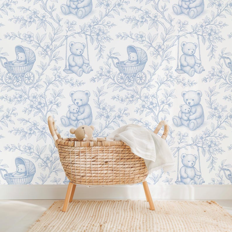A set of french blue and white seamless digital papers featuring teddy bear toile patterns, gingham checks, pastel stripes, and a soft linen texture background. Perfect for nursery designs, baby showers, scrapbooking, and printable crafts