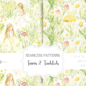 Modèle sans couture, papiers de fond fées florales et champignons vénéneux d'été, motif répétitif, téléchargement numérique instantané, clipart, png