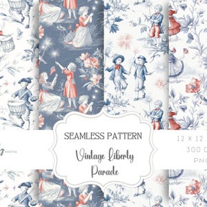 May include: Four seamless digital paper patterns featuring a vintage style illustration of children celebrating Independence Day. The patterns feature red, white, and blue colors and include images of children holding sparklers, playing drums, and waving flags. The patterns are 12x12 inches and 300 DPI.