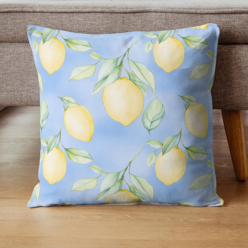 Pastel watercolor seamless pattern featuring Sicilian lemons, Amalfi Coast–inspired stripes, Santorini-style Mediterranean tiles, and delicate fruit motifs. Soft, airy colors with a hand-painted look evoke a romantic Mediterranean summer aesthetic