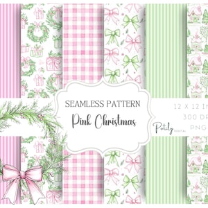 Peut inclure: Plusieurs motifs sans couture sur le thème de Noël. Les motifs comprennent des rayures roses, des couronnes, des boîtes cadeaux, du vichy, des nœuds et des maisons avec des arbres. Le texte "Pink Christmas" est affiché.