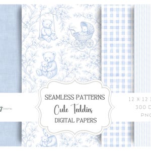 Puede incluir: Paquete de papel digital con varios patrones azules, incluyendo cuadros, rayas y diseños florales con osos de peluche. El texto dice "Seamless Patterns Cute Teddies Digital Papers" y "12 x 12 inch 300 DPI PNG".