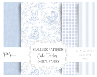 Chinoiserie-teddy-toile de jouy, naadloos kinderdagverblijfpatroon voor jongens, afdrukbare digitale papieren achtergrond