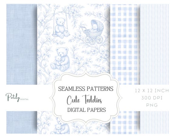 Chinoiserie Teddy Toile de Jouy, Seamless Nursery Pattern for boys, Printable Digital Paper Background