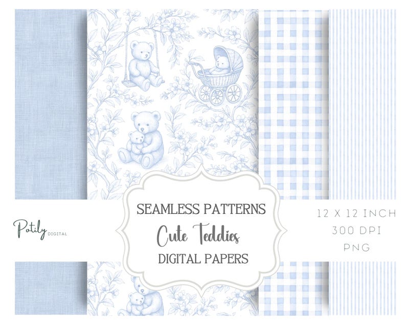 A set of french blue and white seamless digital papers featuring teddy bear toile patterns, gingham checks, pastel stripes, and a soft linen texture background. Perfect for nursery designs, baby showers, scrapbooking, and printable crafts
