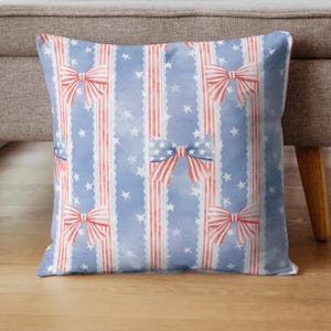Americana bow stripe seamless pattern with red white and blue ribbon bows lace stripes and stars, vintage patriotic coquette digital paper for fabric wallpaper nursery decor