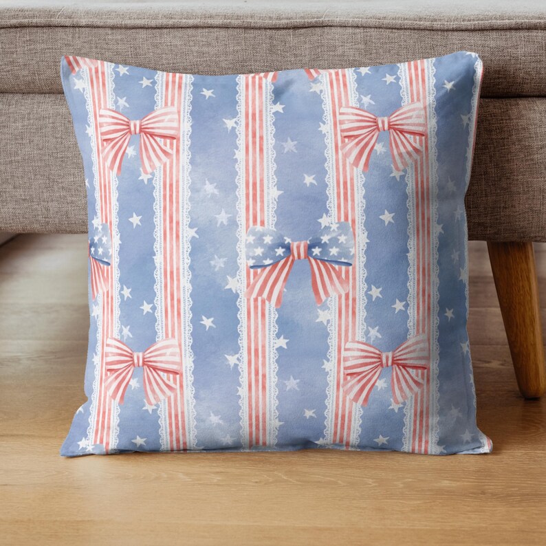 Americana bow stripe seamless pattern with red white and blue ribbon bows lace stripes and stars, vintage patriotic coquette digital paper for fabric wallpaper nursery decor