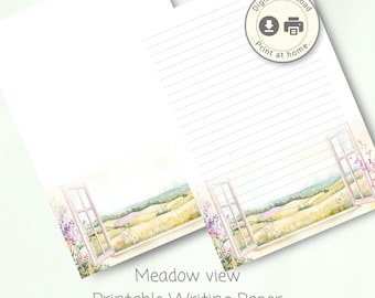 Printable Stationery Letter writing Paper, Meadow view, Lined Paper, Note Paper, digital download