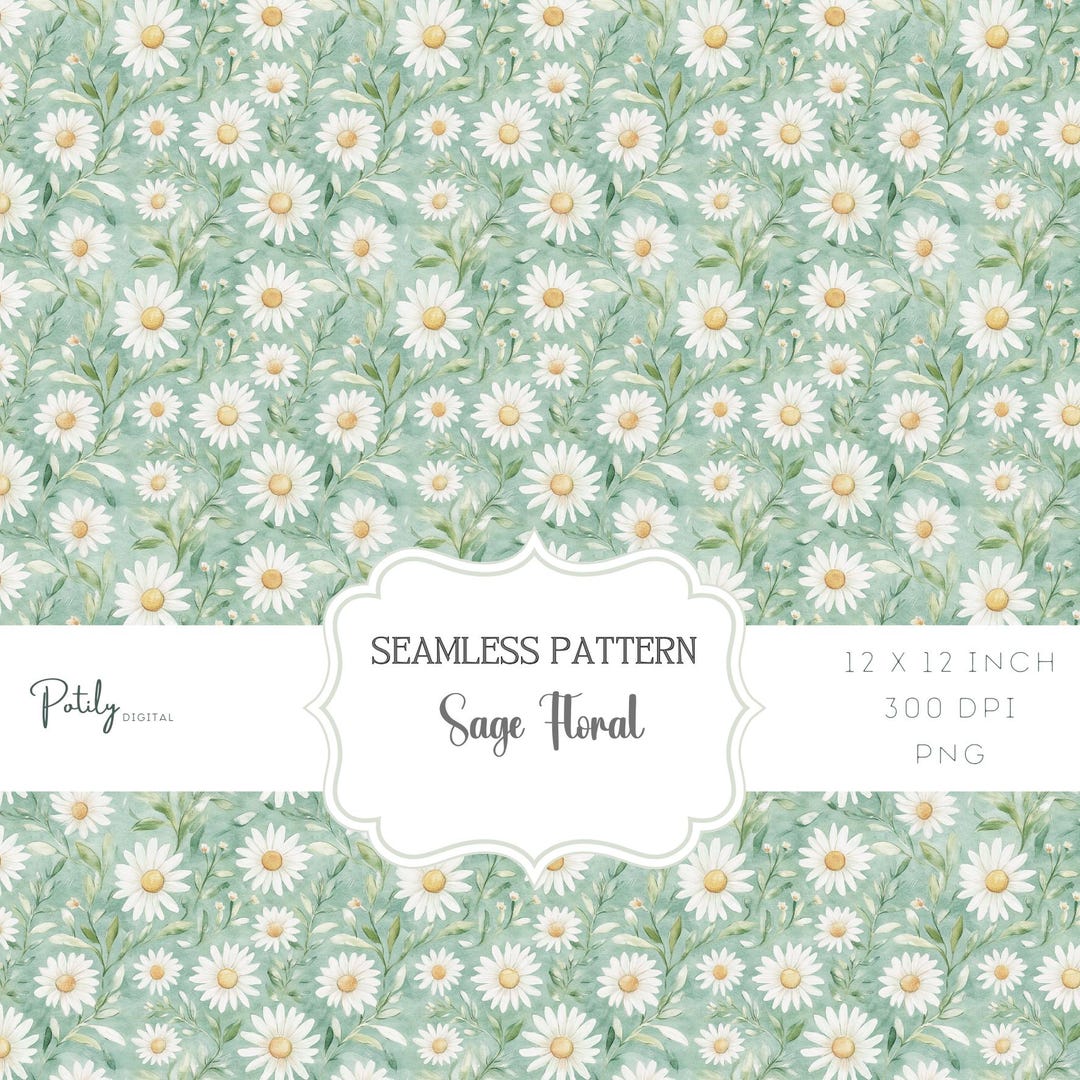 Sage Green Daisy Seamless Pattern, Cottagecore Floral Digital Paper ...