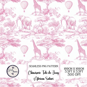 May include: Pink and white seamless pattern featuring giraffes, elephants, hot air balloons, and trees in a toile de Jouy style. The design includes the text "Chinoiserie Toile de Jouy African Safari". The pattern measures 5.5ft x 5.5ft.