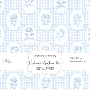 May include: A seamless digital paper design featuring a light blue gingham pattern with oval frames. Each frame contains a detailed illustration of a hydrangea flower. The text reads "Hydrangea Gingham Toile" and "Digital Paper". The paper measures 12 x 12 inches.