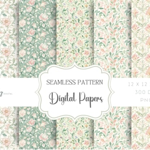 Puede incluir: Conjunto de cinco papeles digitales con un patrón sin costuras de flores rosas y hojas verdes sobre un fondo blanco. Los papeles miden 30,5 x 30,5 cm y 300 DPI.