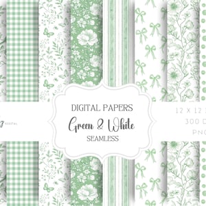 Groene naadloze digitale papierset chinoiserie – coquettestrikken, gingham-ruit, afdrukbaar plakboek, babyshower en kinderkamerdecoratie