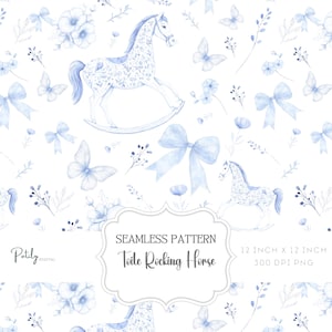 Blauwe chinoiserie toile de jouy, naadloze kinderkamerachtergrond, hobbelpaarden, instant digitale download, voor papier, stoffen, POD en meer