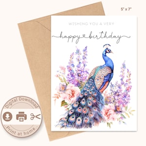 Cartão de feliz aniversário para impressão, pavão aquarela e flores, download digital, impressão em casa, cartão DIY