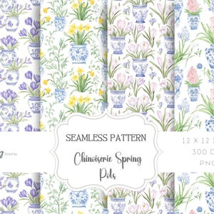 Chinoiserie toile lente naadloze bloemmotief bundel, lentebloemen in potten, digitale ontwerpen, afdrukbare papieren direct downloaden