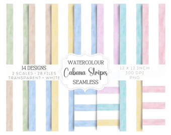 Nursery Cabana Stripes Seamless Patterns, Pastel Watercolor Digital Paper, Baby Stripe Backgrounds, Scrapbook Paper, Commercial Use PNG