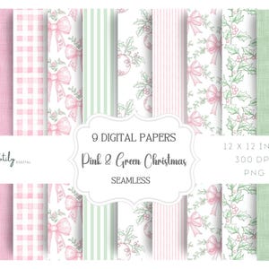 May include: A collection of nine digital papers with a Christmas theme. The papers feature patterns in pink and green, including gingham, stripes, bows, and holly. The papers are 12 x 12 inches and 300 DPI.