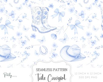 May include: A seamless pattern featuring blue watercolor illustrations of cowboy boots, hats, horseshoes, butterflies, and floral sprigs. The pattern is titled "Toile Cowgirl" and is 12 inches by 12 inches, 300 DPI PNG.