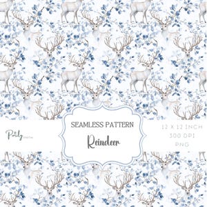 May include: Seamless pattern featuring white reindeer with antlers and blue eucalyptus leaves on a white background. The text "Seamless Pattern Reindeer" is in a grey frame at the bottom of the image. The text "12 x 12 inch 300 DPI PNG" is in the top right corner of the image.