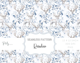 May include: Seamless pattern featuring white reindeer with antlers and blue eucalyptus leaves on a white background. The text "Seamless Pattern Reindeer" is in a gray frame at the bottom of the image. The text "12 x 12 inch 300 DPI PNG" is in the top right corner of the image.