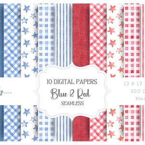 May include: A collection of ten digital papers in shades of blue and red, featuring various patterns such as gingham, stripes, stars, and textured designs. The papers are 12 x 12 inches and are seamless.