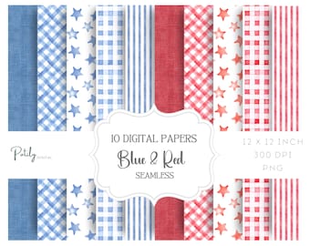 Watercolour Gingham Plaid Seamless Pattern, Patriotic Digital Paper Set –  Blue and Red Printable Scrapbook papers