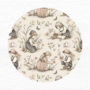 Seamless pattern in a vintage storybook toile style featuring girls picking pretty wildflowers. Soft ink and watercolor illustration in muted tones of sandy beige, pale blue, and warm grey.