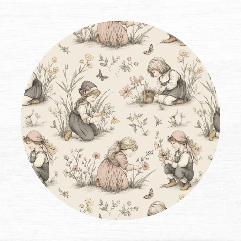 Seamless pattern in a vintage storybook toile style featuring girls picking pretty wildflowers. Soft ink and watercolor illustration in muted tones of sandy beige, pale blue, and warm grey.