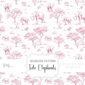 Rosa Chinoiserie Toile de Jouy, nahtloses Muster - Kinderzimmer Tierdesign, Elefant, sofortiger digitaler Download Clipart für Papiere, Stoffe usw