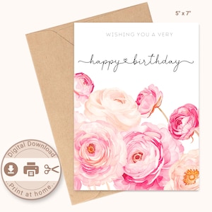 Cartão de feliz aniversário para impressão, flores em aquarela, download digital, impressão em casa, cartão DIY