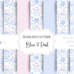 Op de afbeelding: Set van 8 digitale naadloze patronen met blauwe en roze bloemenmotieven. De patronen zijn 30,5 x 30,5 cm, 300 DPI en in PNG-formaat. De tekst "Seamless Pattern Blue & Pink" wordt weergegeven op een witte banner.