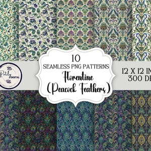 May include: Ten seamless digital paper patterns featuring a peacock feather design in shades of green, blue, gold, and purple. The patterns are 12 inches by 12 inches and 300 DPI.