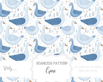 Fondo de gansos con patrones sin costuras y animales de granja para guardería, papel digital para bebés recién nacidos, descarga para papeles, telas y más