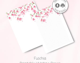 Printable Stationery Letter writing Paper, watercolour florals, Lined Paper, Note Paper digital download