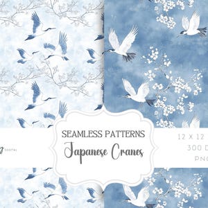 May include: Two seamless patterns featuring Japanese cranes in a blue and white watercolor style. The patterns are 12 x 12 inches and 300 DPI.