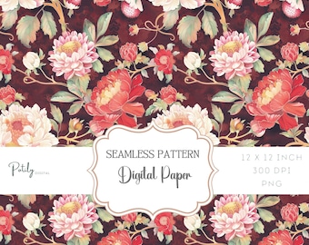 Burgundy Peony Seamless Pattern, Vintage Floral Digital Paper, Botanical Wallpaper Design, Instant Download PNG for Fabric & Printing
