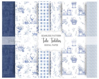 Blue Toile Seamless Pattern Bundle, Teddy Bear Garden Digital Paper, Storybook Nursery Wallpaper, Baby Shower Fabric, Instant Download