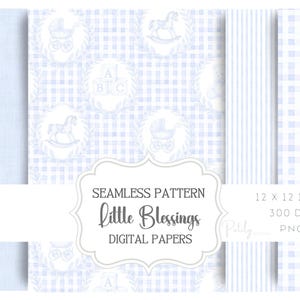 May include: Digital paper set featuring a light blue and white color scheme. The design includes repeating patterns of gingham, stripes, and illustrations of baby carriages, rocking horses, and alphabet blocks. The text "Little Blessings" is displayed.