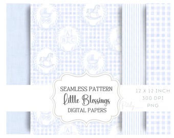 Blue Gingham Seamless Pattern – Coquette Toile Digital Paper for Nursery and Baby Shower