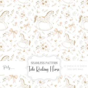 Puede incluir: Un patrón sin costuras que presenta un caballo de balancín toile, mariposas, lazos y ramitas florales en tonos beige y marrón sobre un fondo blanco. El patrón mide 30,48 cm por 30,48 cm y 300 DPI.