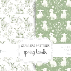 Op de afbeelding: Twee naadloze patronen met een wit lam op een groene achtergrond met witte bloemen en een wit lam op een witte achtergrond met groene takken en bladeren. De tekst "SEAMLESS PATTERNS spring lambs" staat in het midden van de afbeelding. De tekst "12 X 12 INCH 300 DPI PNG" staat in de rechterbenedenhoek van de afbeelding.