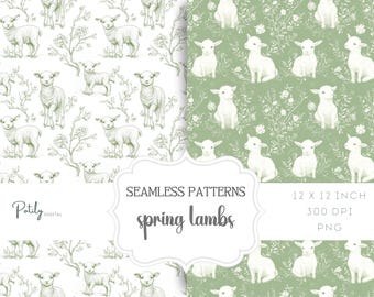 Chinoiserie Toile Seamless Pattern, Animal nursery pattern, Spring Lambs, Digital Paper, Download Clipart for Papers and Fabrics