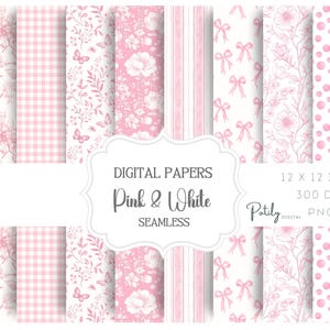 May include: A collection of eight seamless digital papers in pink and white, featuring patterns of birds, gingham, butterflies, flowers, stripes, bows, and polka dots. The text reads DIGITAL PAPERS Pink & White SEAMLESS 12 X 12 INCH 300 DPI Potily DIGITAL PNG.