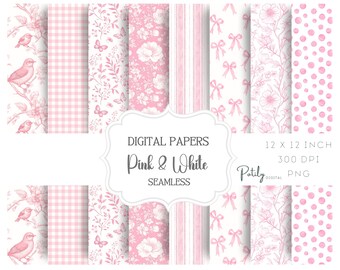 Pink Toile Seamless Digital Paper Set – Coquette Bows and Preppy Patterns, Blue and White Printable Scrapbook, Baby Shower & Nursery Decor